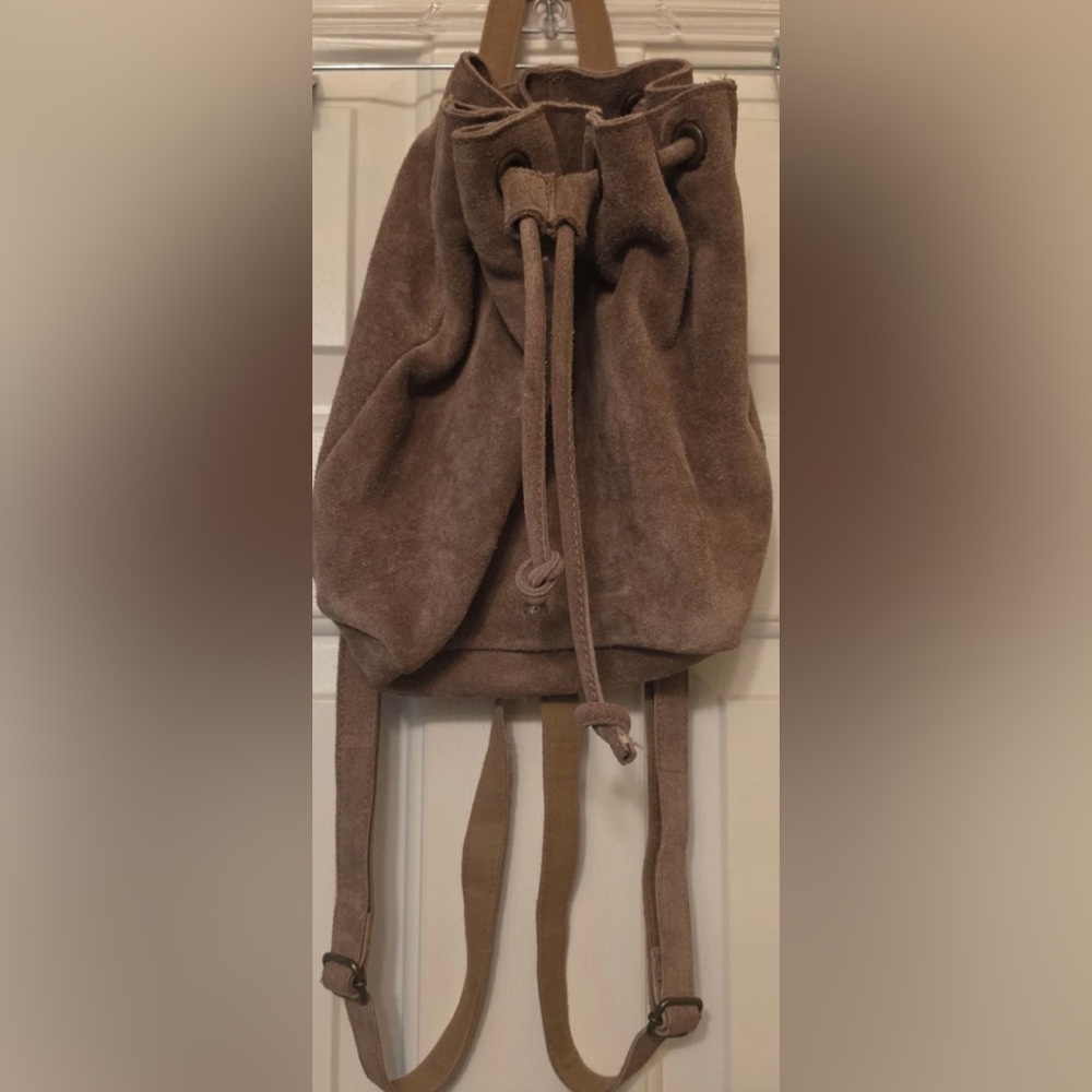 World Market Small Light Brown Suede Bucket Backpack Purse